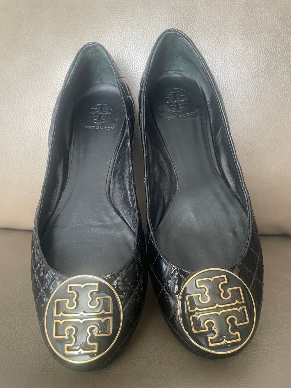 Tory Burch Black Logo Quilted Ballet Flats